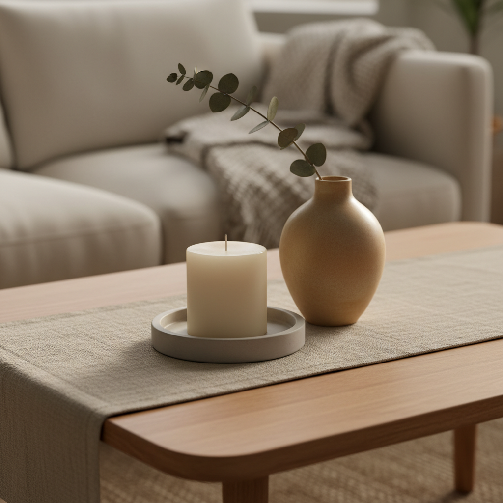 Warm home decor accents with candles and natural textures for home ambience improvement