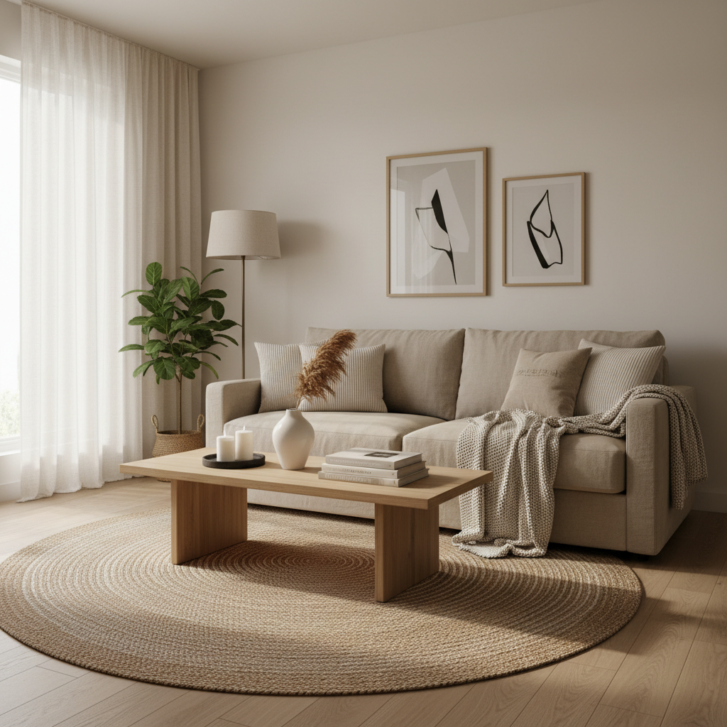 Cozy minimalist living room with neutral color home decor and simple styling