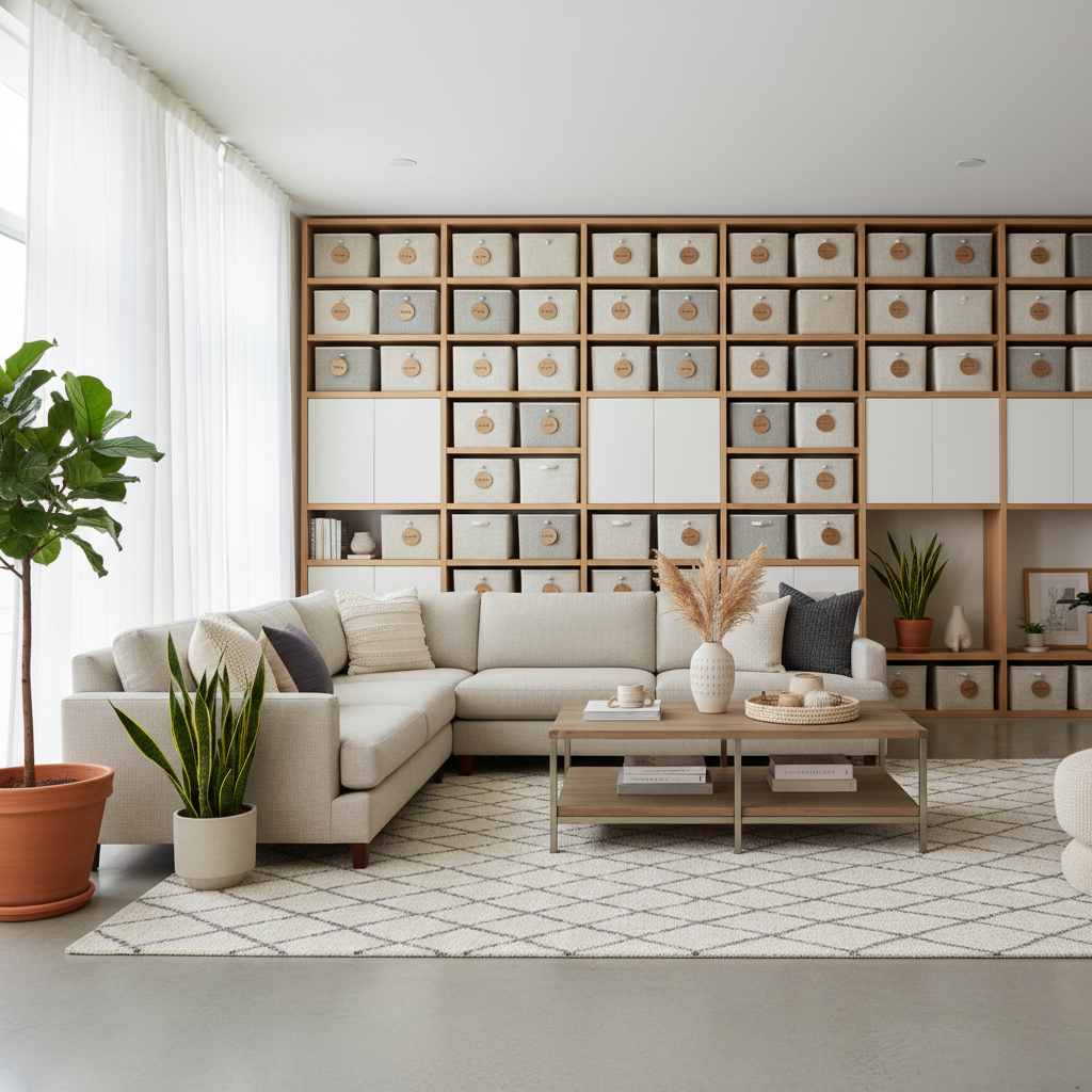 Neatly organized living room shelving and wall storage with labeled bins