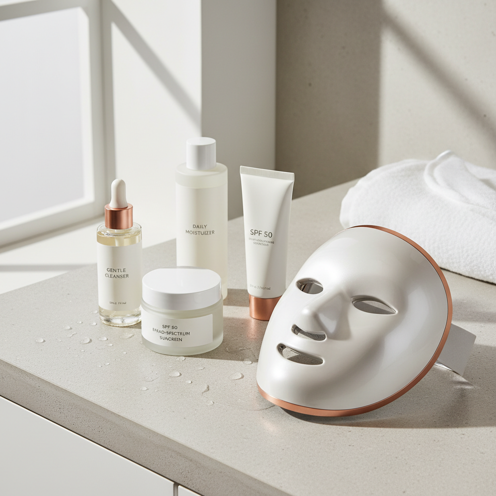 At-home skincare routine essentials laid out neatly (cleanser, moisturizer, sunscreen, LED mask)