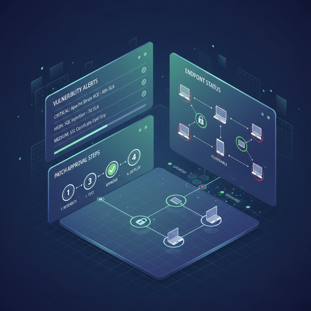 Cybersecurity update workflow with patch management dashboard and alerts