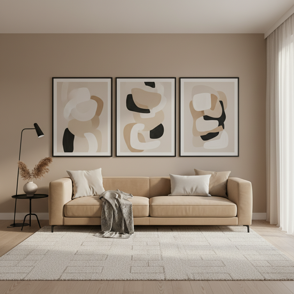 Modern wall art ideas with oversized abstract art above a sleek sofa
