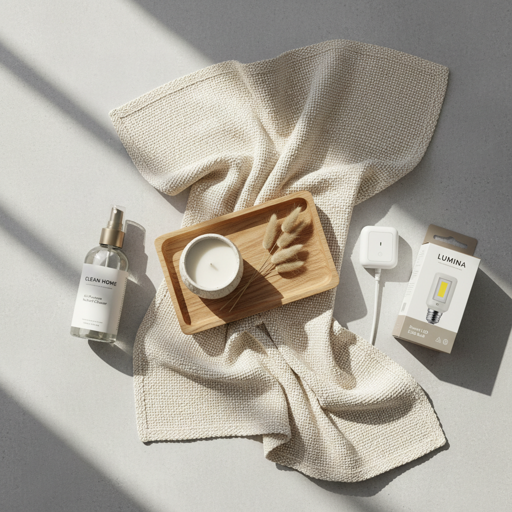 Sustainable cozy home essentials with smart lighting and natural materials