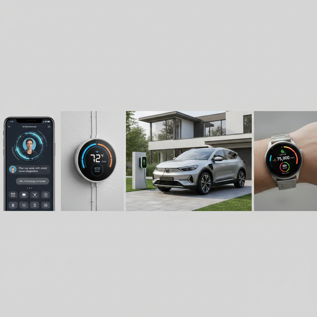Collage of popular technology trends like AI devices, smart home, EV charging, and wearables