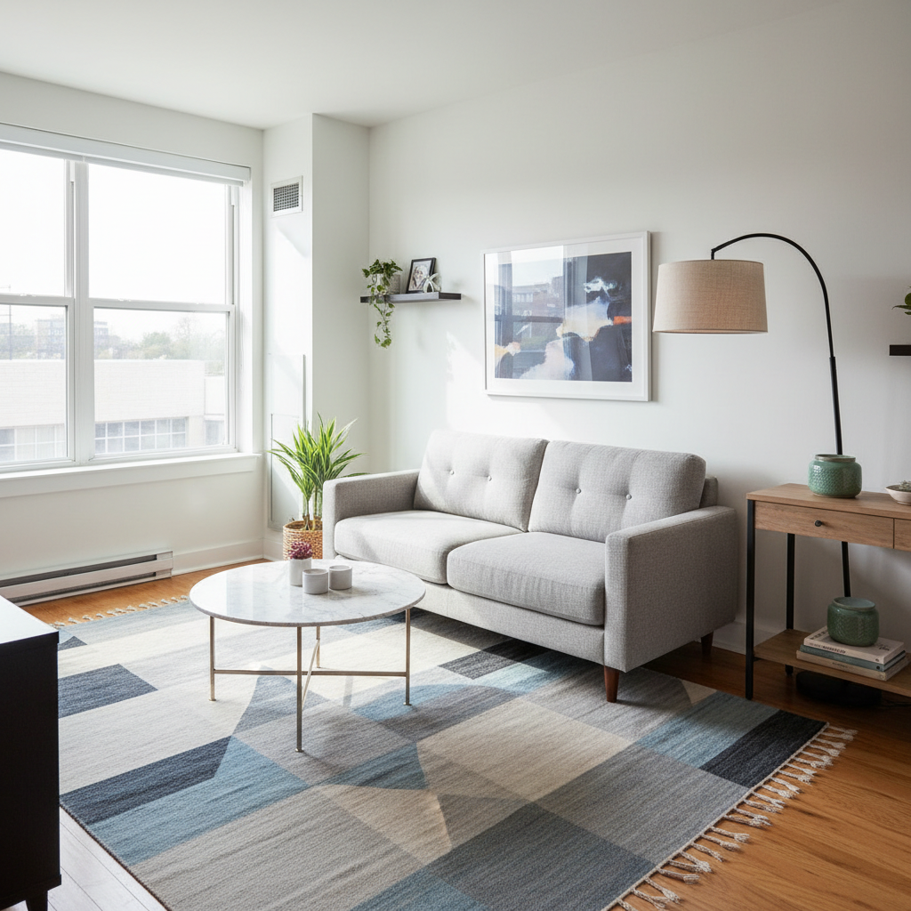 Small apartment living room layout with space-saving furniture and rug placement
