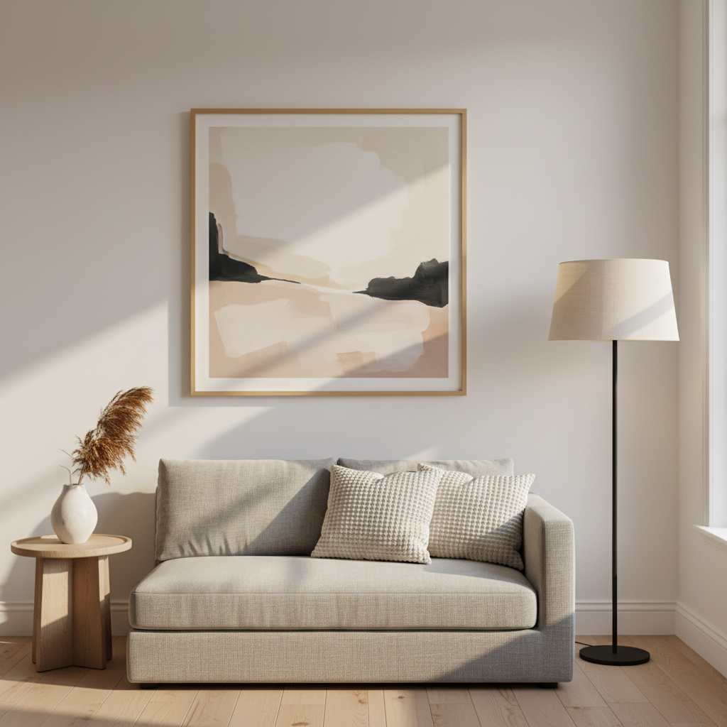 Simple wall decor ideas with large framed art above sofa in cozy minimalist decor