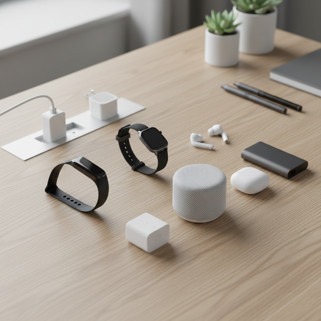 Wearable technology and smart home devices laid out on a clean home office desk