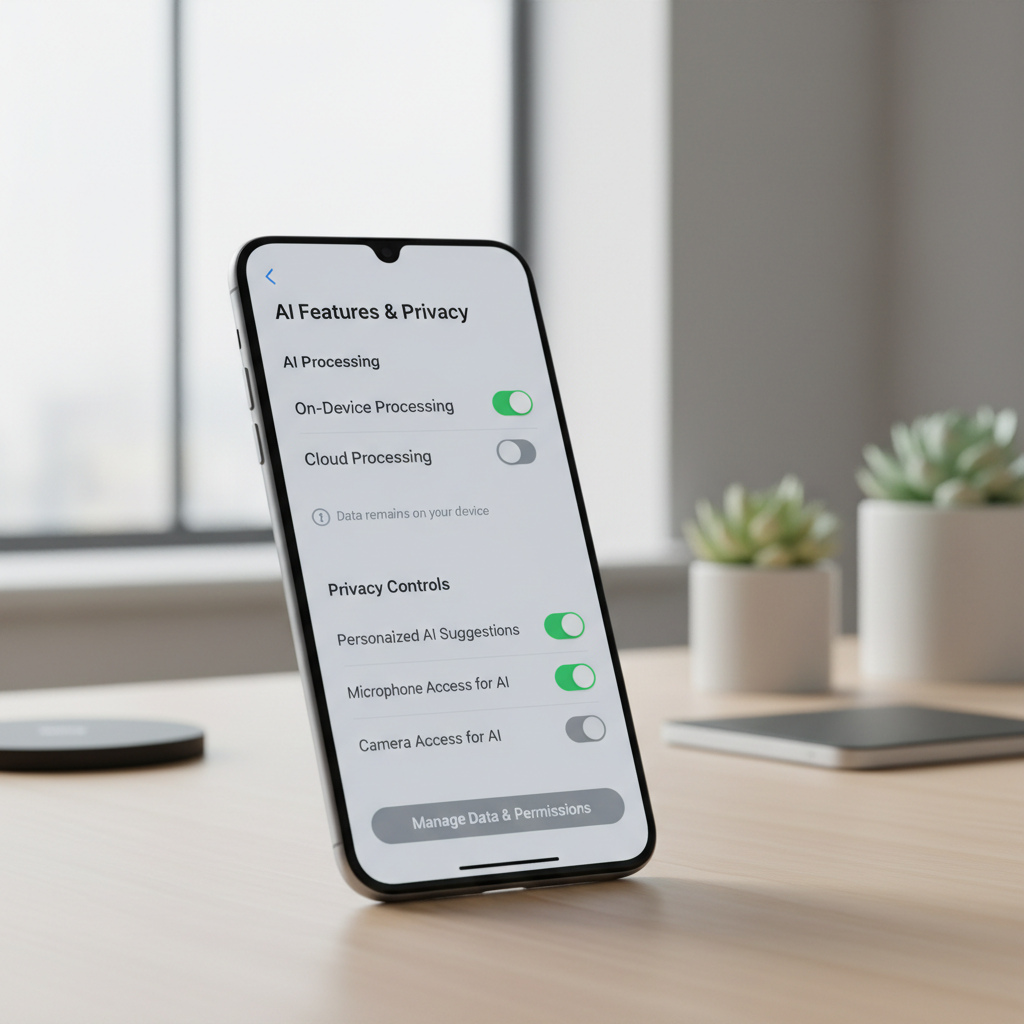 AI-powered device interface showing privacy settings and on-device processing options