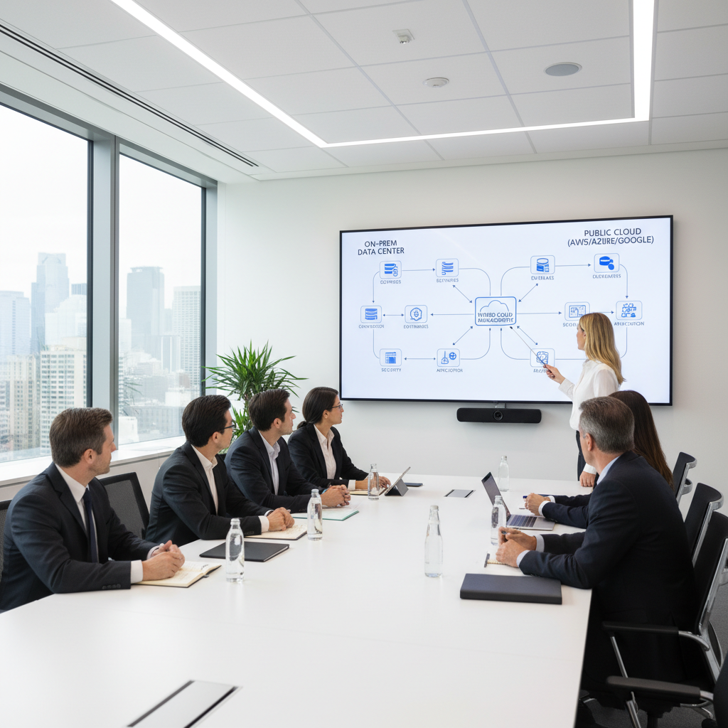 Hybrid cloud architecture diagram on screen in a modern conference room