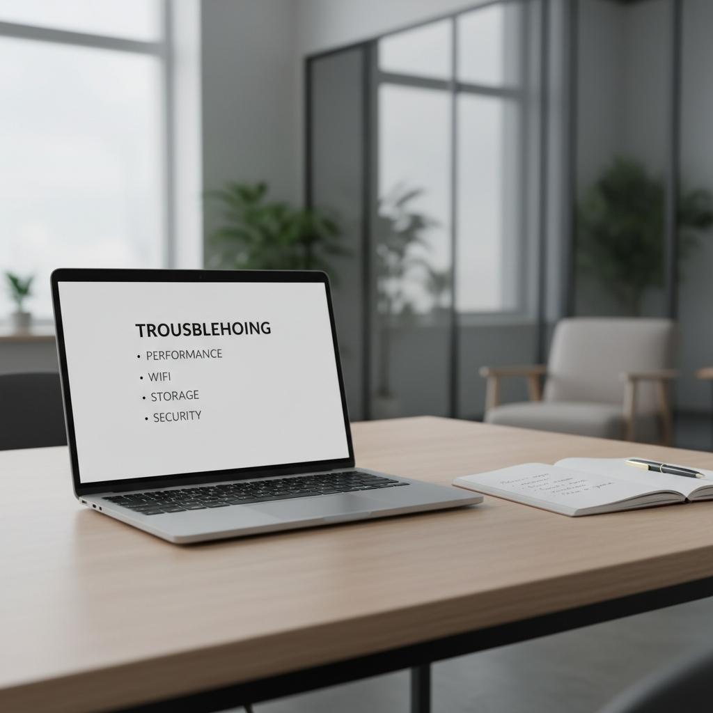 Tech troubleshooting checklist on a laptop with notes for quick triage