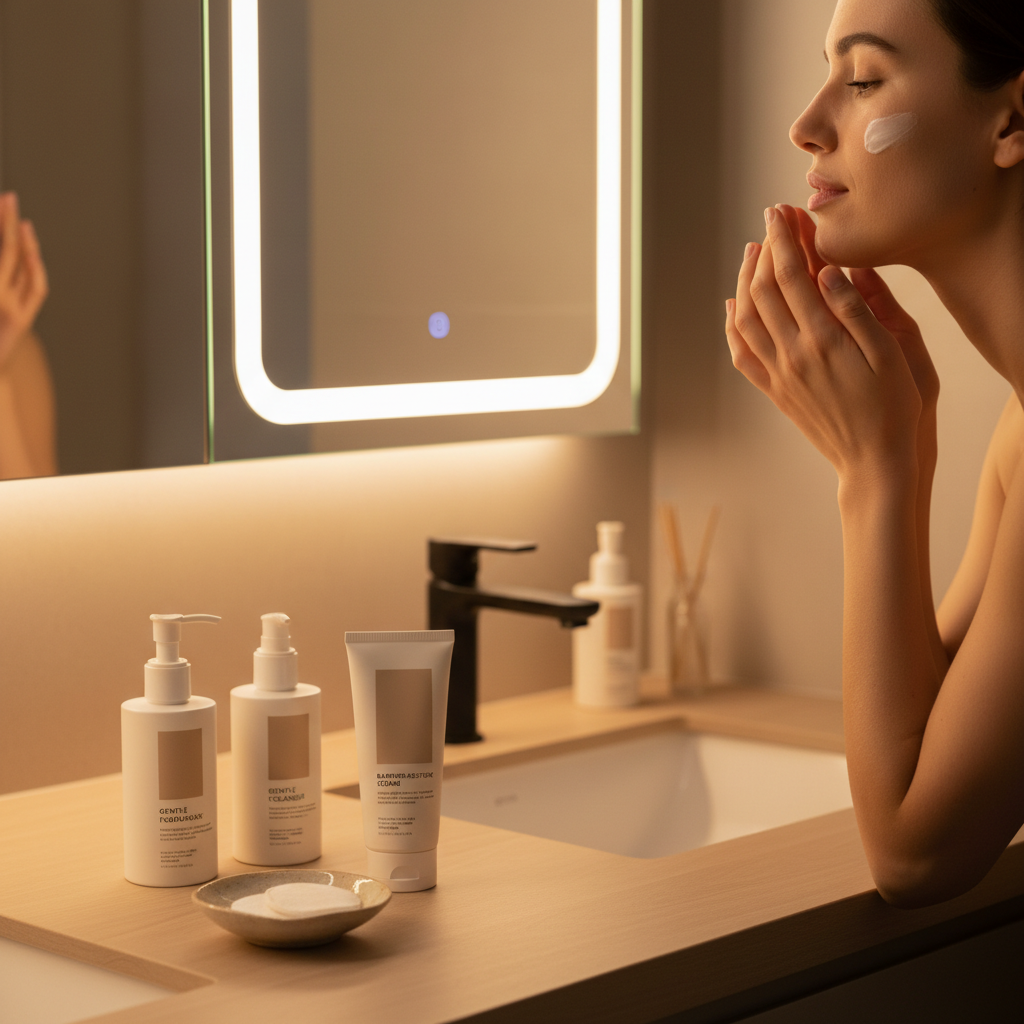 Gentle at-home facial night routine with moisturizer and barrier-repair products
