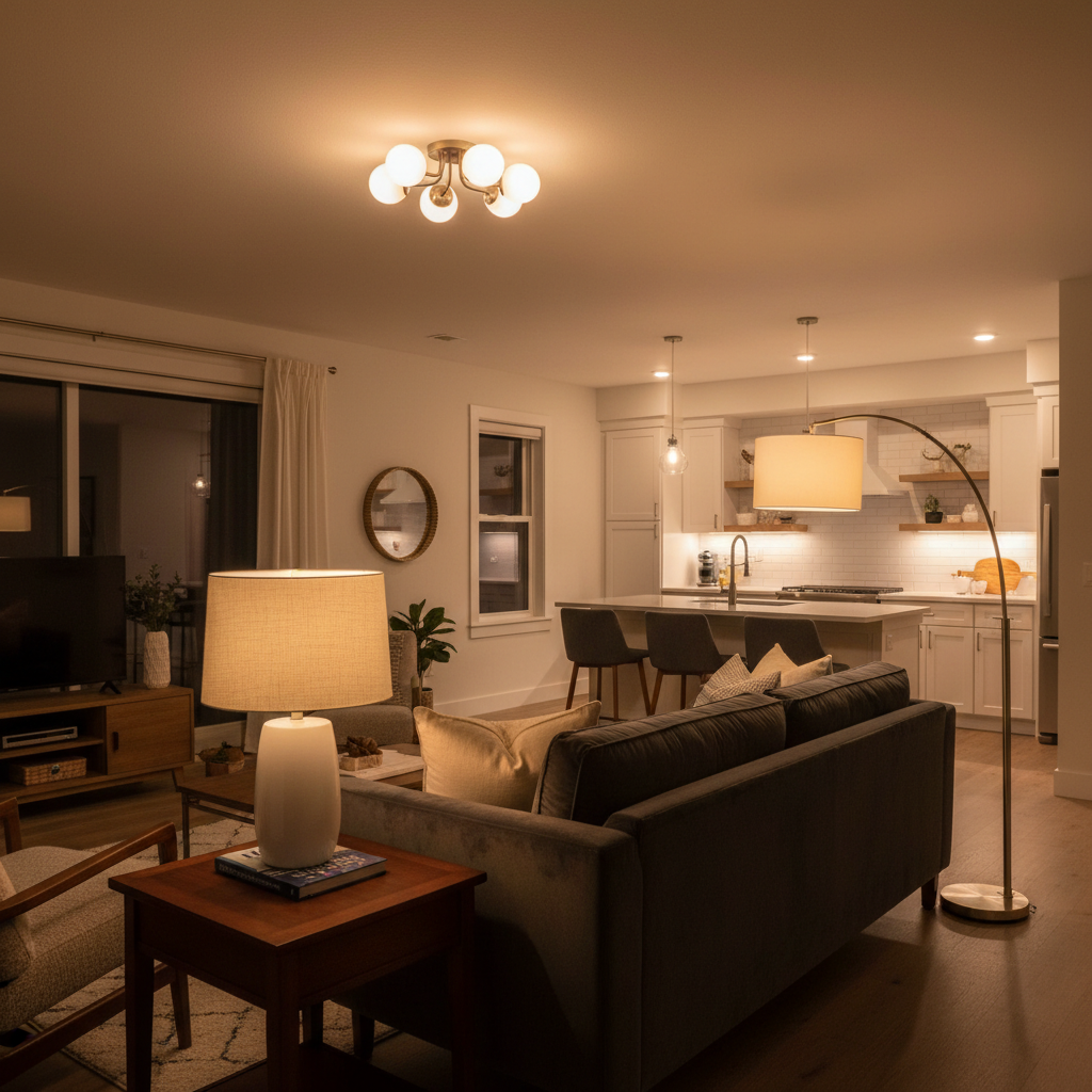 Layered home lighting plan with ceiling, task, and ambient lamps