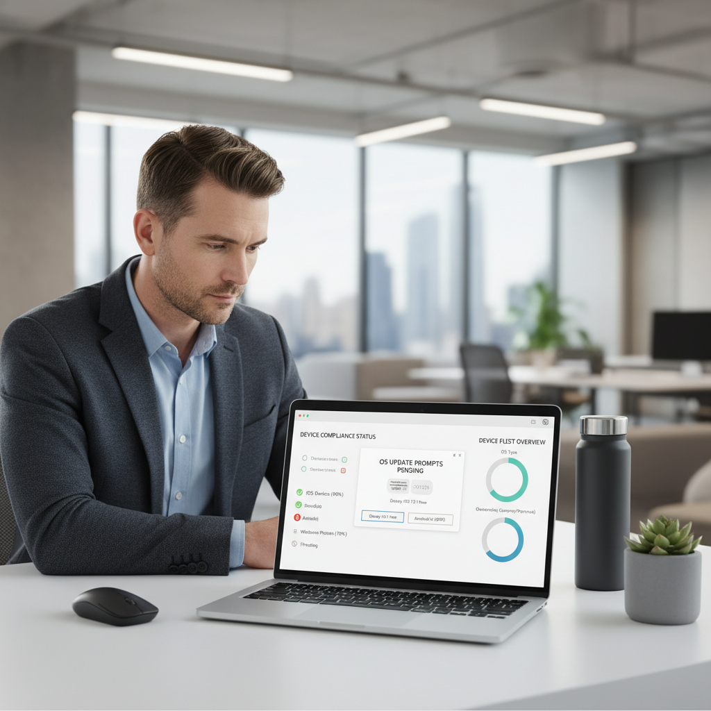 IT admin managing smartphone updates and device compliance in MDM console