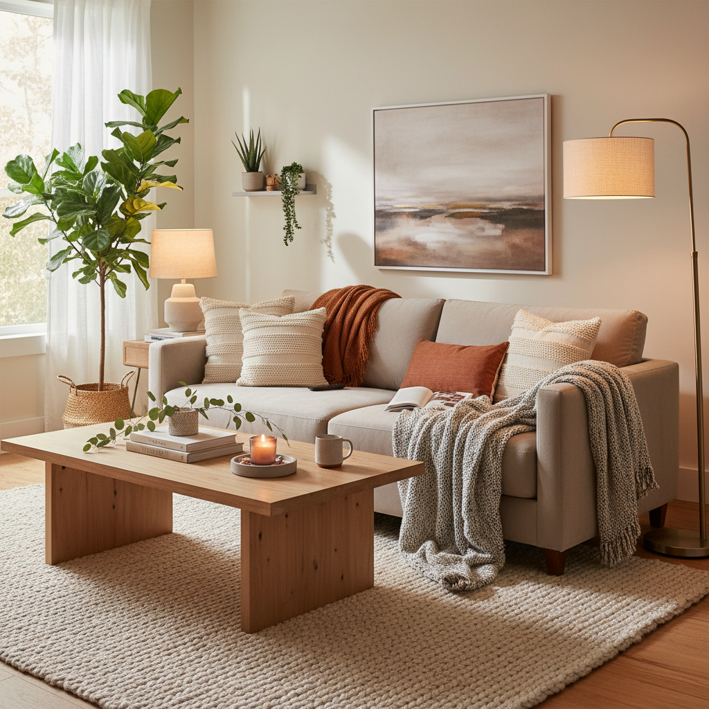 Cozy modern living room with layered lighting and neutral textures