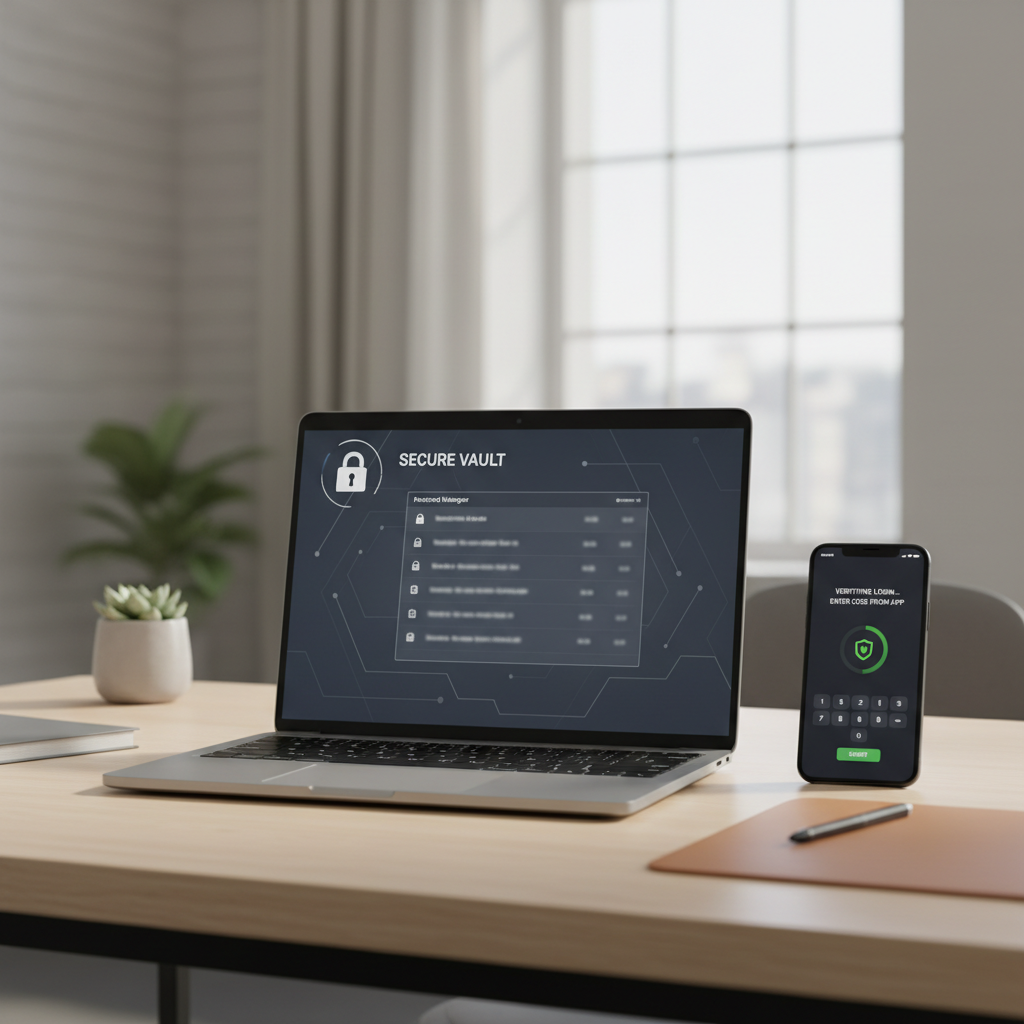 Cybersecurity basics with password manager and two-factor authentication on laptop
