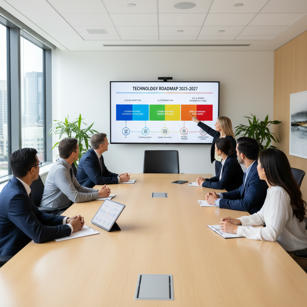 Enterprise team reviewing 2026 emerging technologies table and roadmap