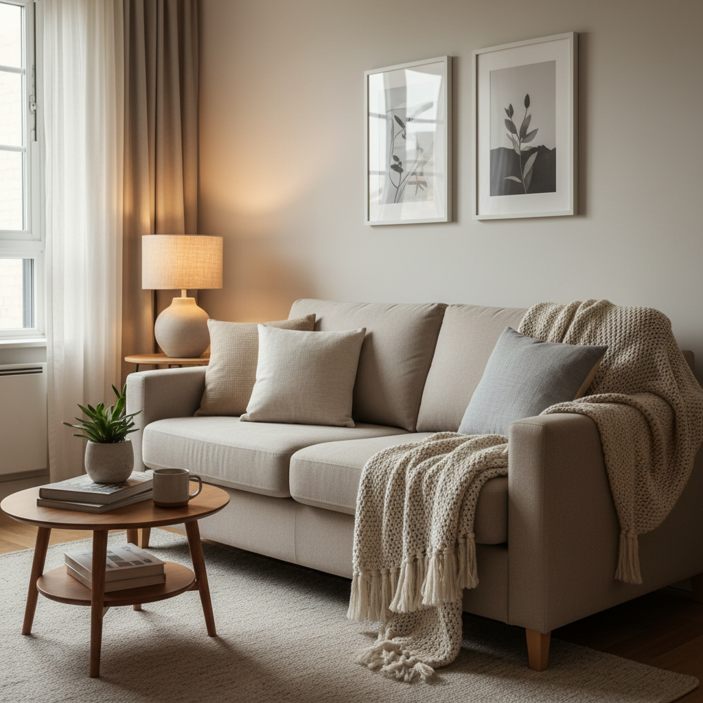 Cozy small apartment living room decor with layered textiles and warm lighting
