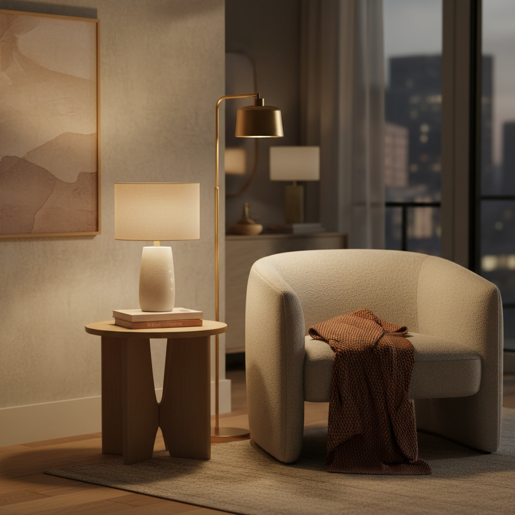 Layered lighting setup with table lamp, floor lamp, and warm bulbs for a cozy home atmosphere