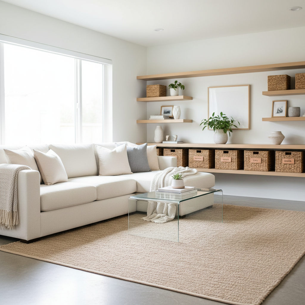 Tidy living room with labeled baskets and simple home organization zones