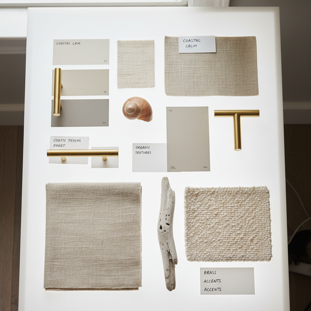 Mood board showing modern home decor, coastal accents, and neutral color samples