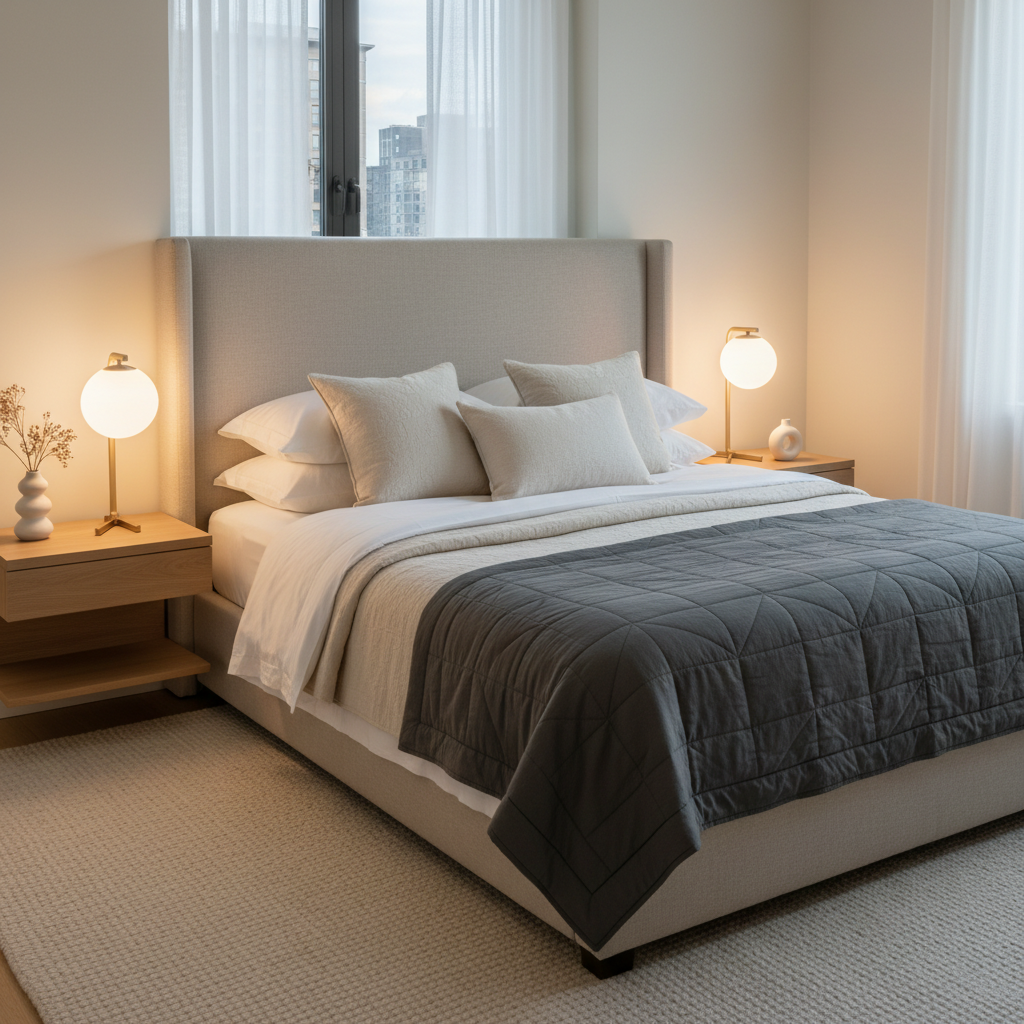 Luxury bedroom with layered luxury bedding and linens and a tailored headboard