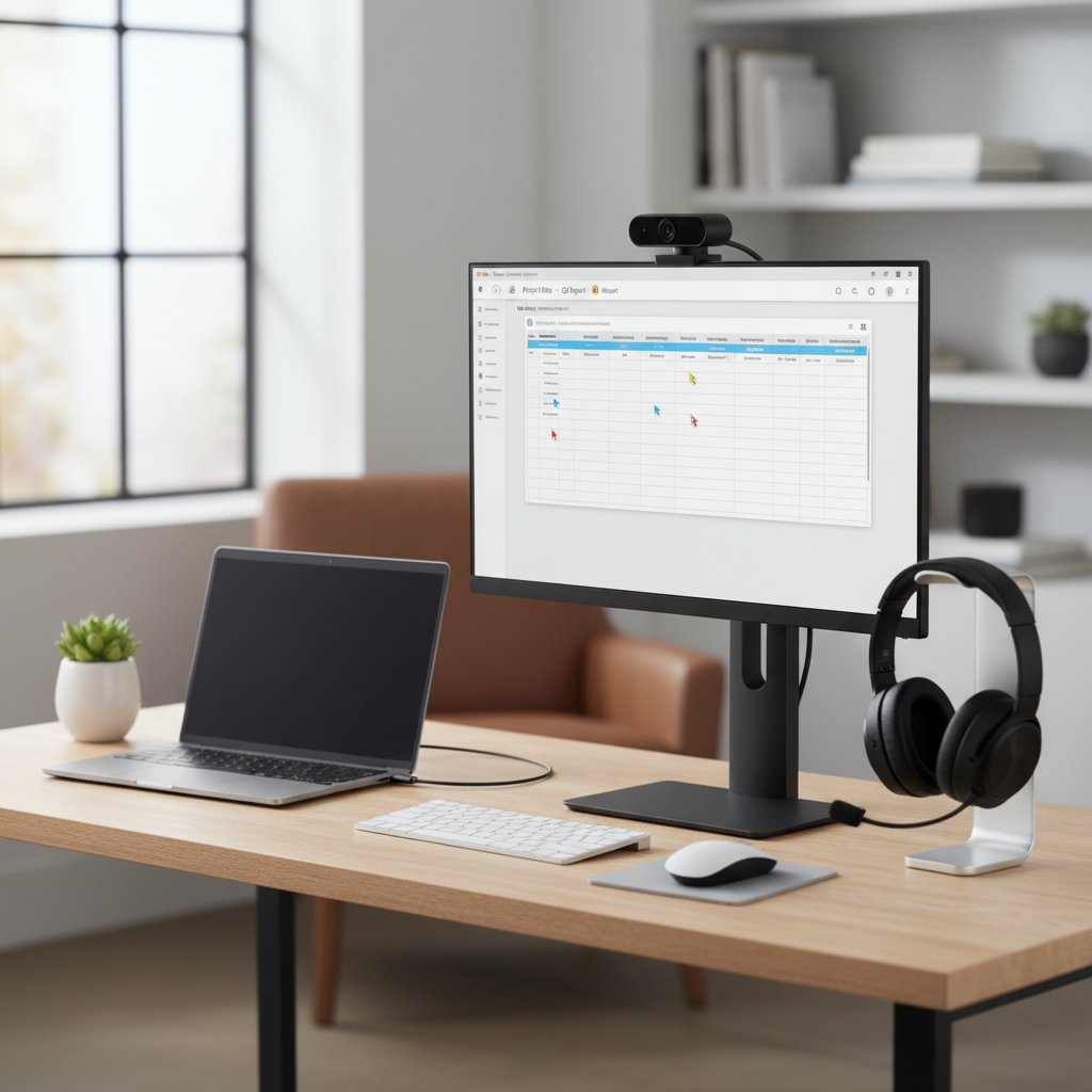 Remote work technology setup with headset, webcam, and cloud collaboration on screen