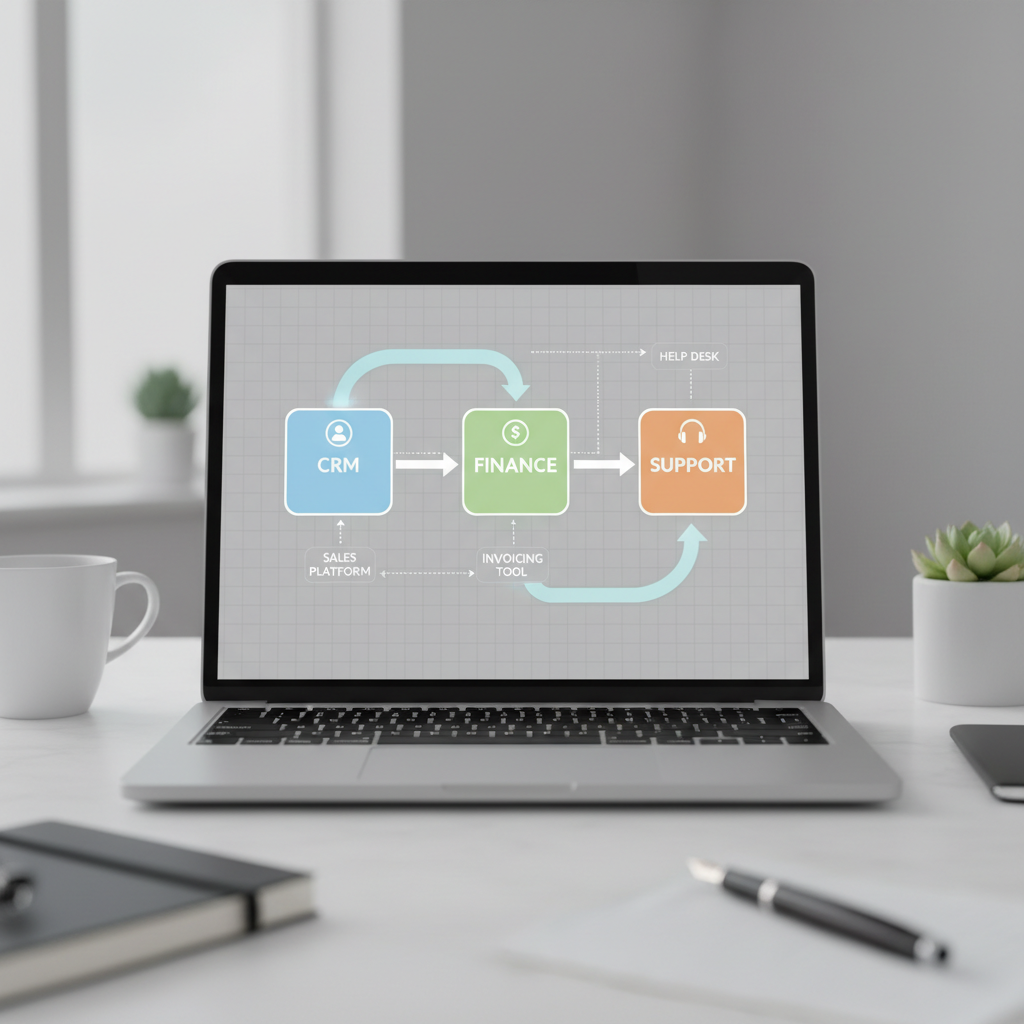 Business process automation workflow connecting CRM, finance, and support tools