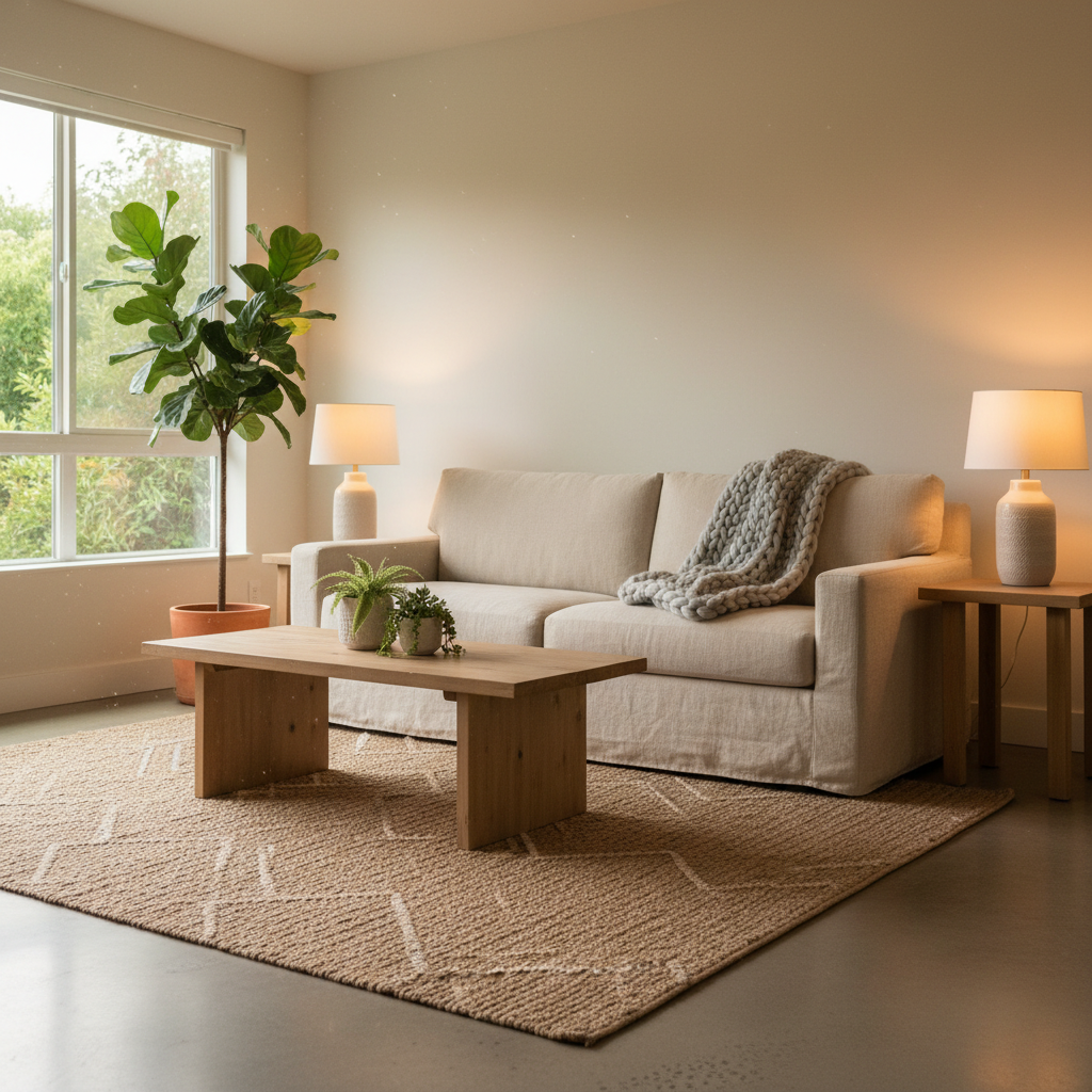 Cozy modern living room with layered textures and warm lighting