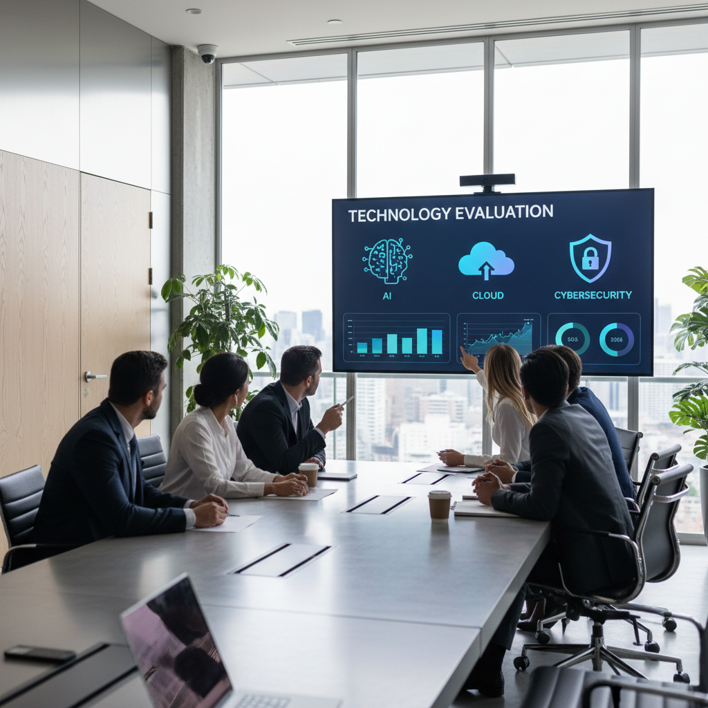 Modern business team evaluating new technology on a digital dashboard