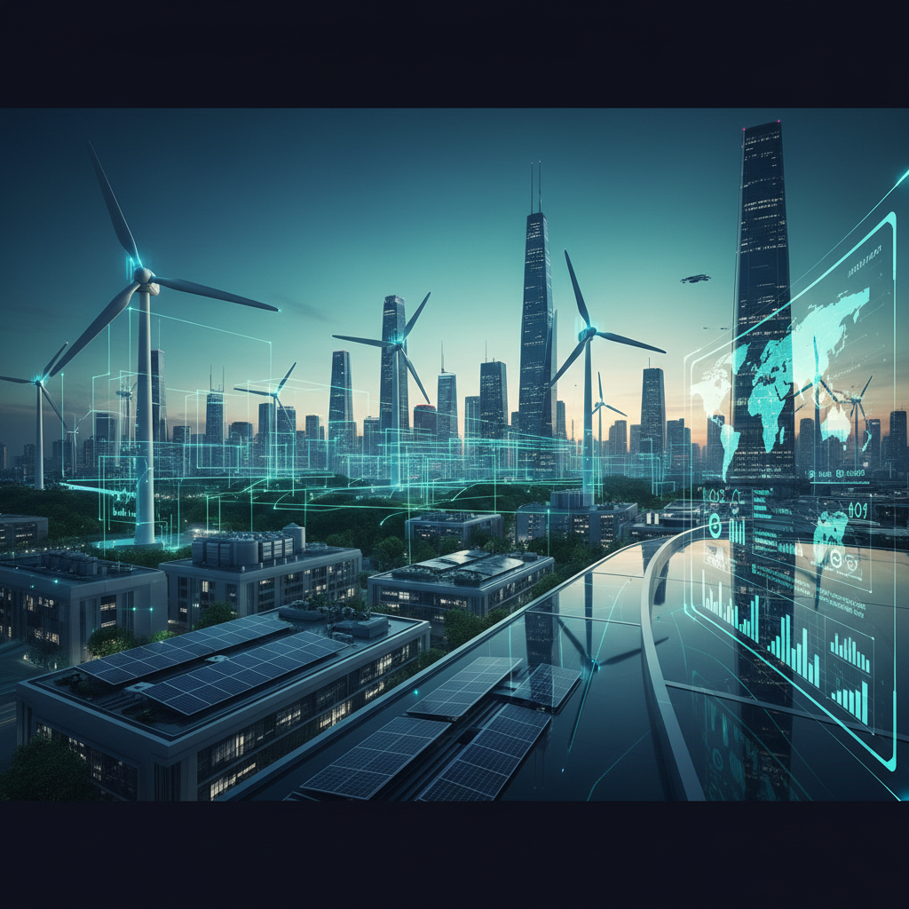 Smart city infrastructure with clean energy grid and AI monitoring dashboards