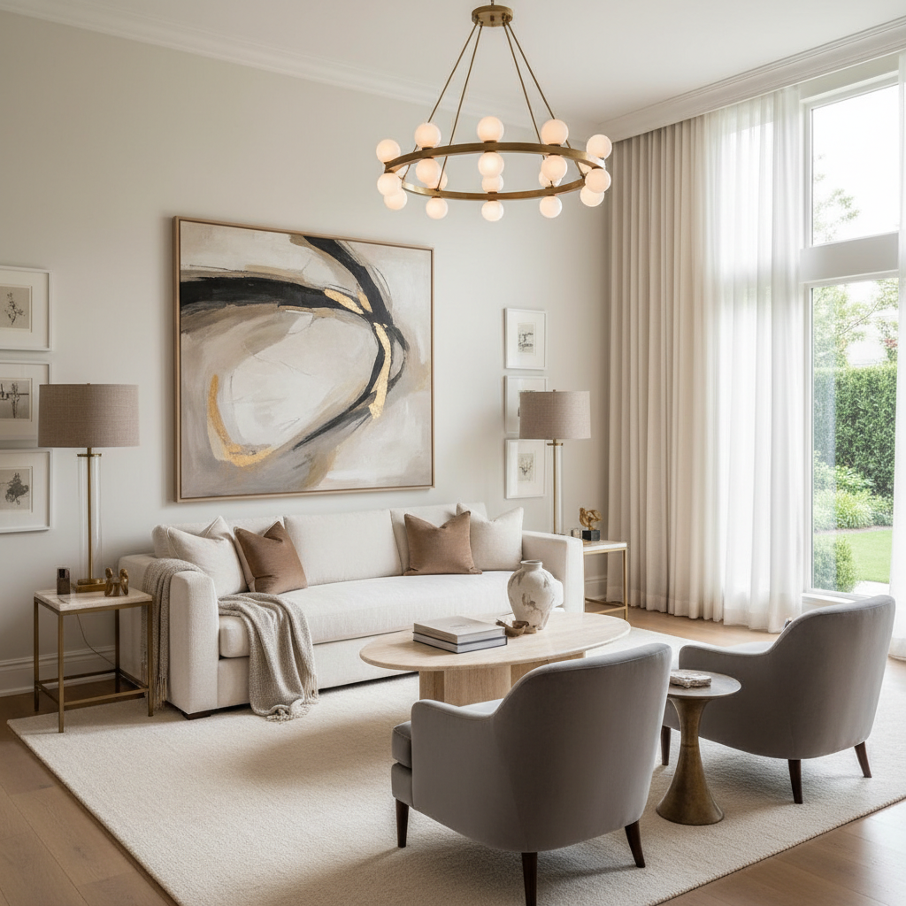 Elegant living room with luxury lighting fixtures, neutral palette, and statement wall art