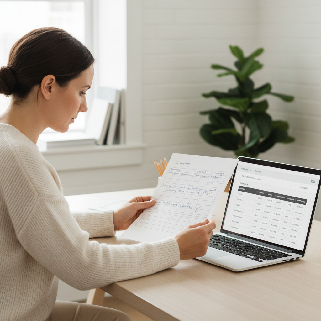 Small business owner evaluating leading tech solutions with a simple scoring worksheet