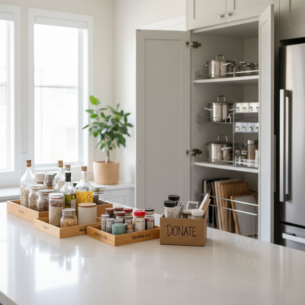 Kitchen counter decluttering with labeled trays and cabinet organizers