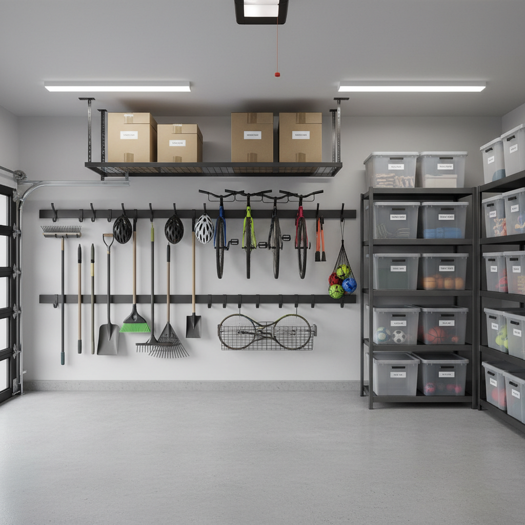 Garage storage systems with wall-mounted racks and labeled bins for home organization
