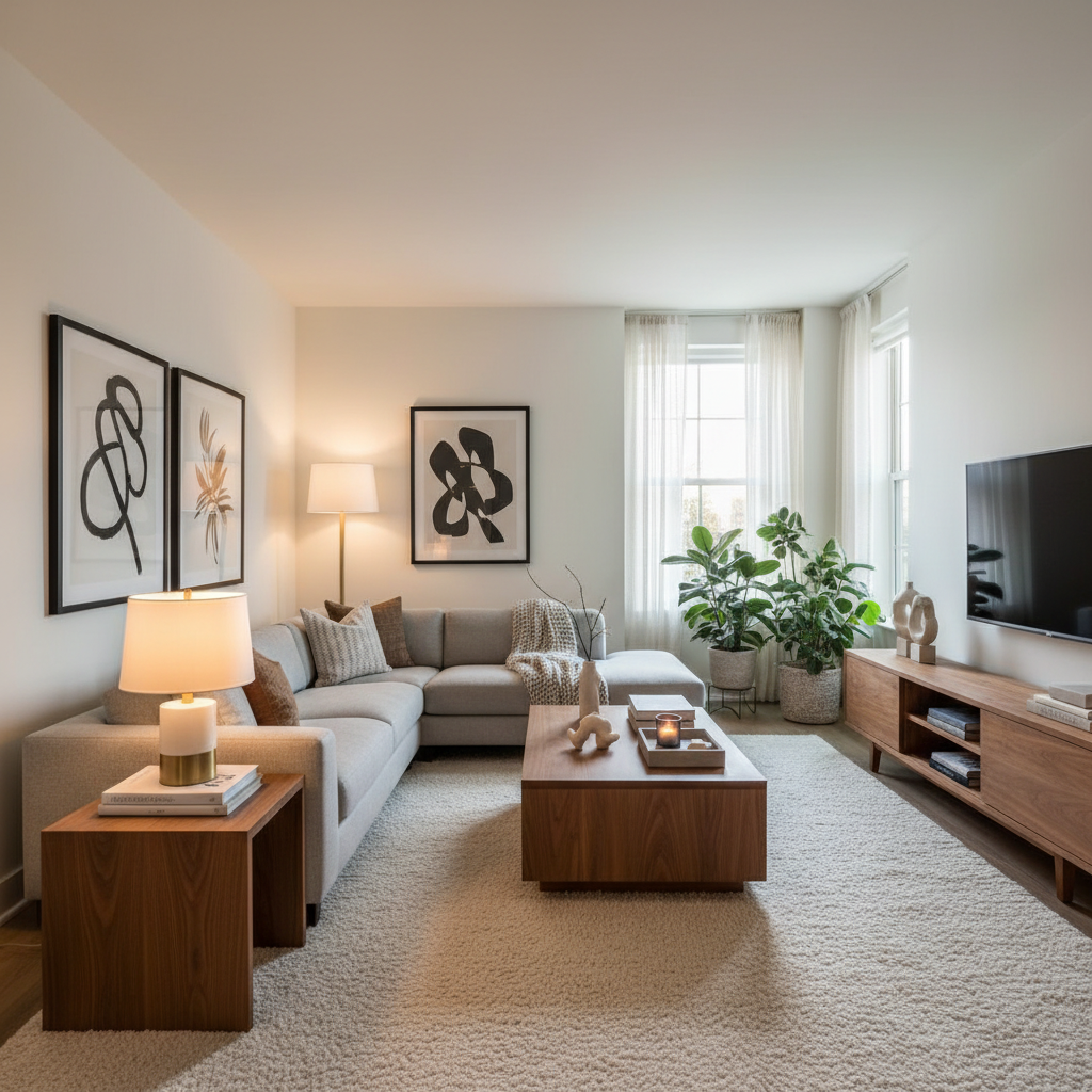 Contemporary living room ideas with layered lighting and a large area rug