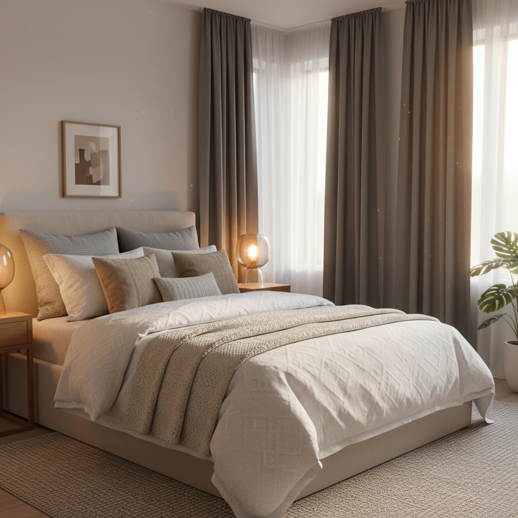 Cozy bedroom design with layered bedding and warm bedside lighting