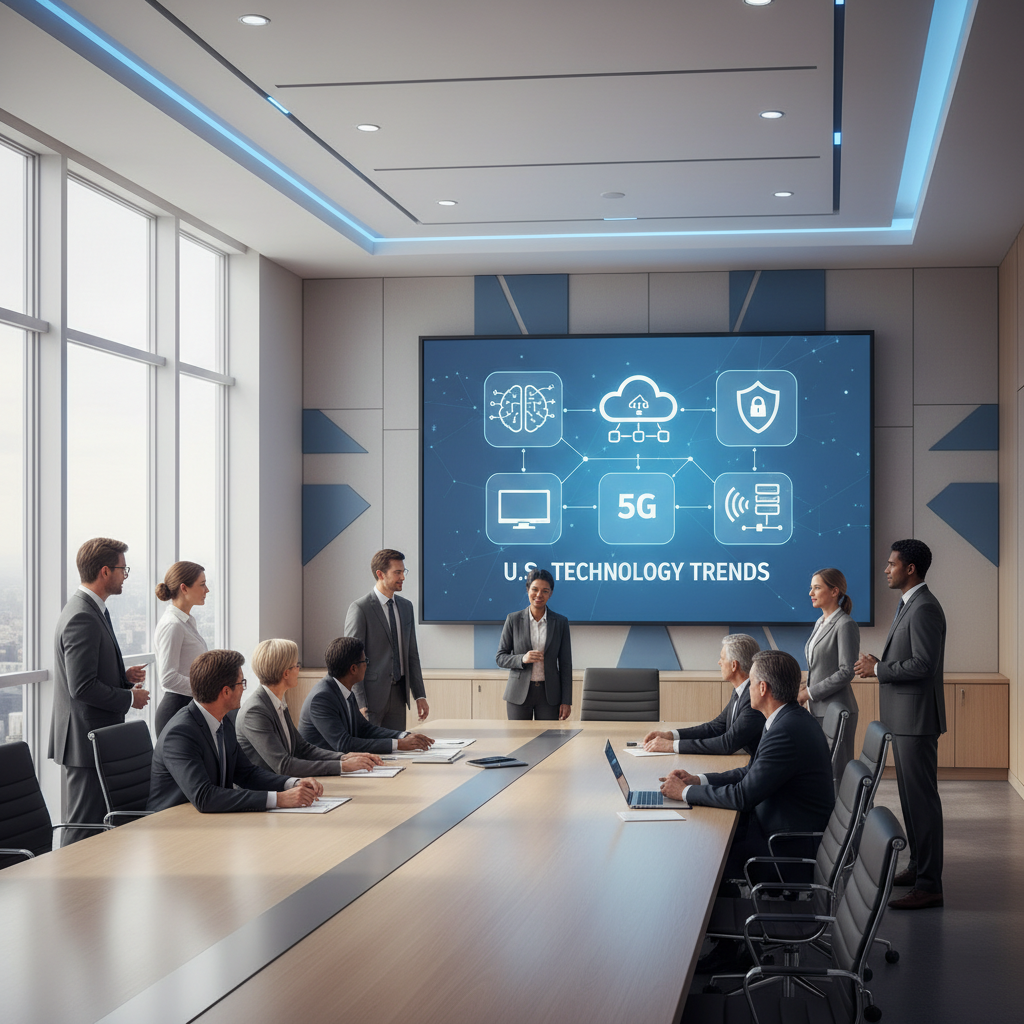 U.S. business leaders reviewing modern technology trends dashboard