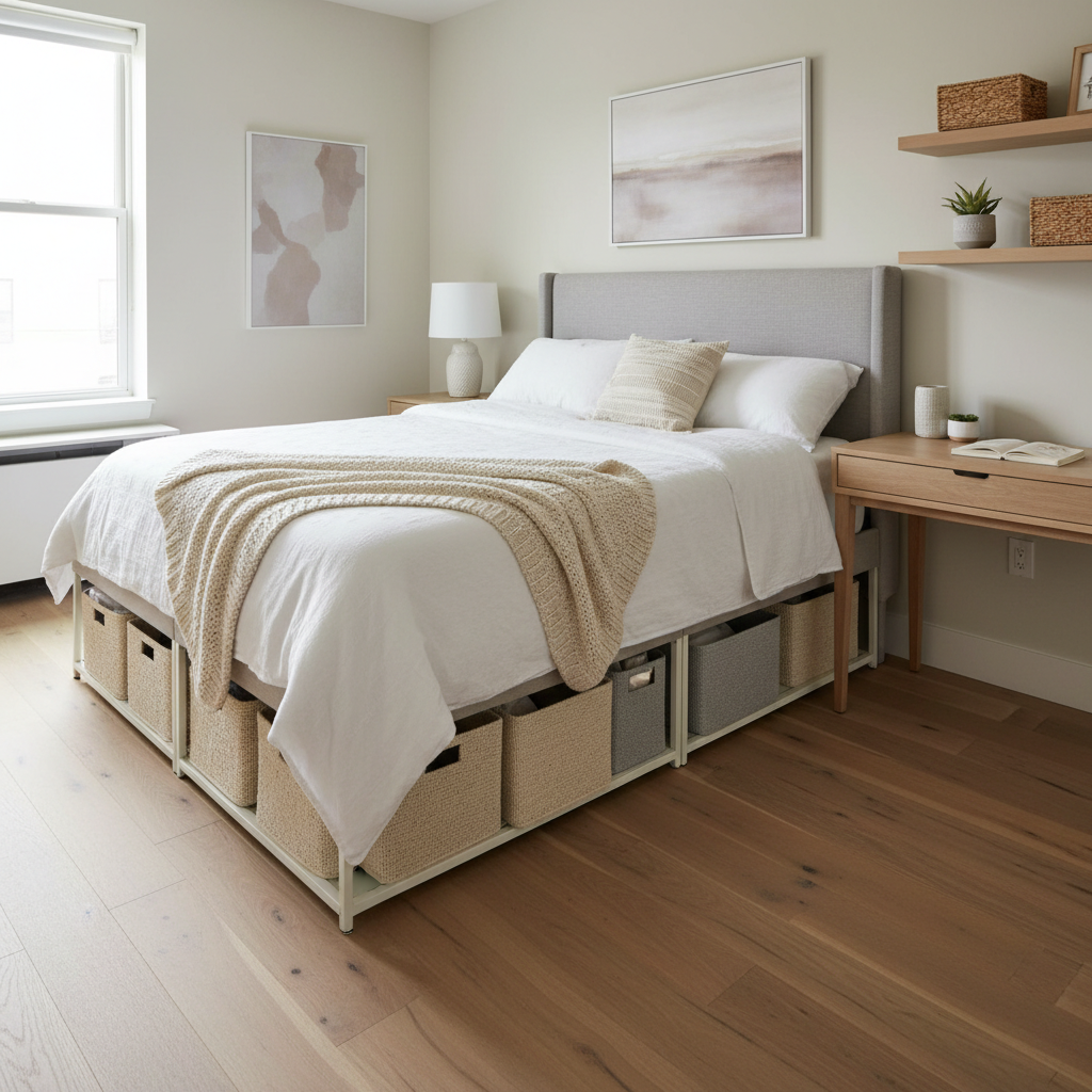 Small bedroom with under bed storage bins and wall shelves for space-saving organization