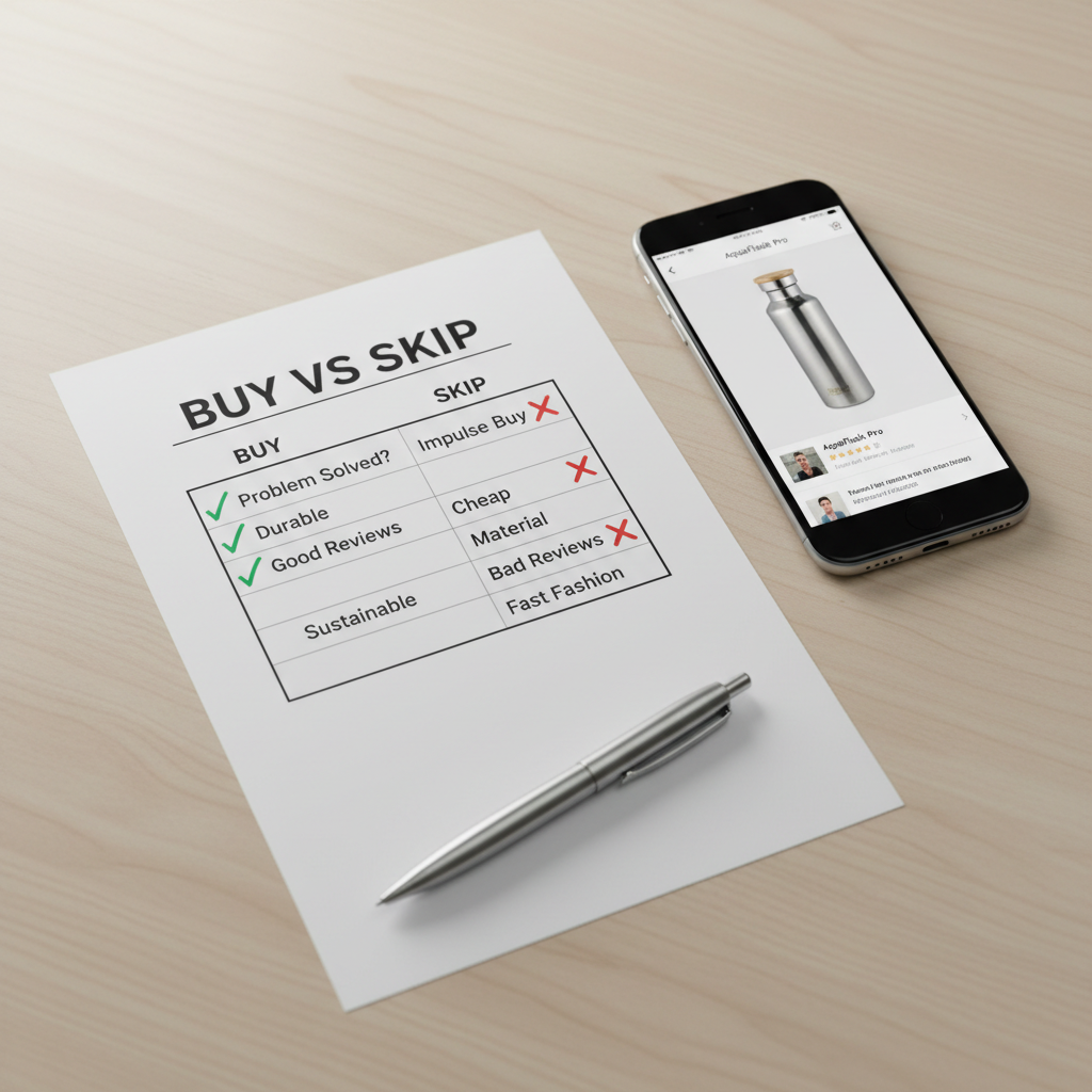Tech review checklist with buy and skip columns