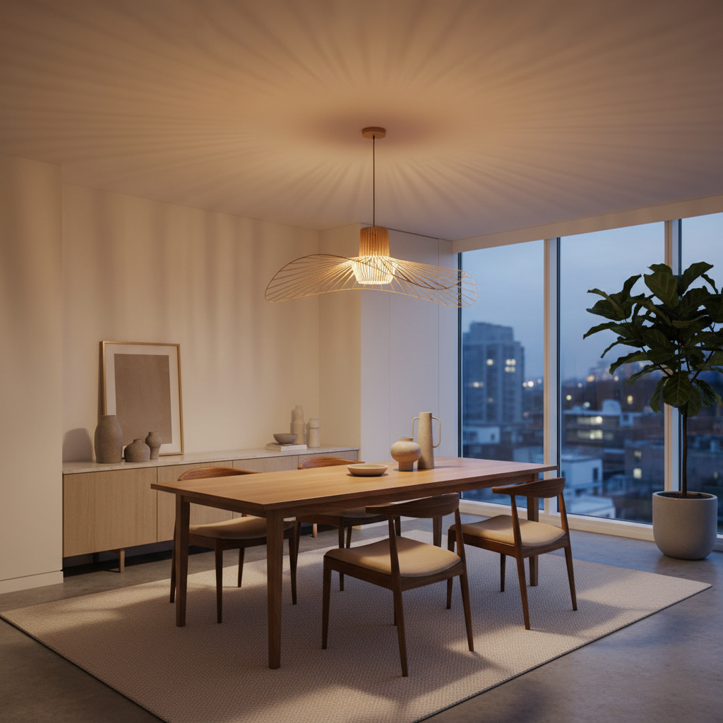 Statement lighting fixtures in a modern dining area with warm ambient glow