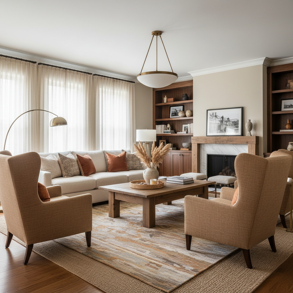 Cozy living room with mixed interior design styles and a cohesive color palette