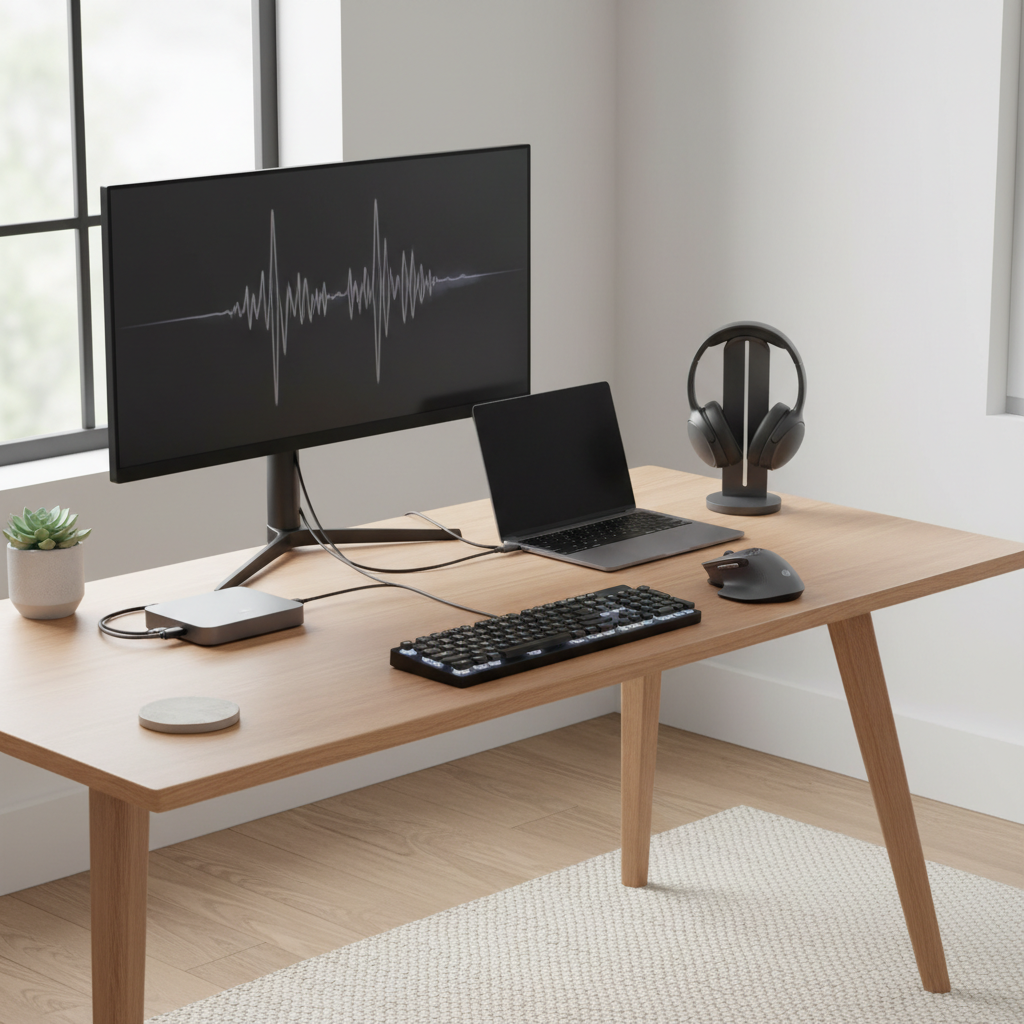 Home office tech setup with laptop dock, wireless headphones, and computer accessories neatly arranged