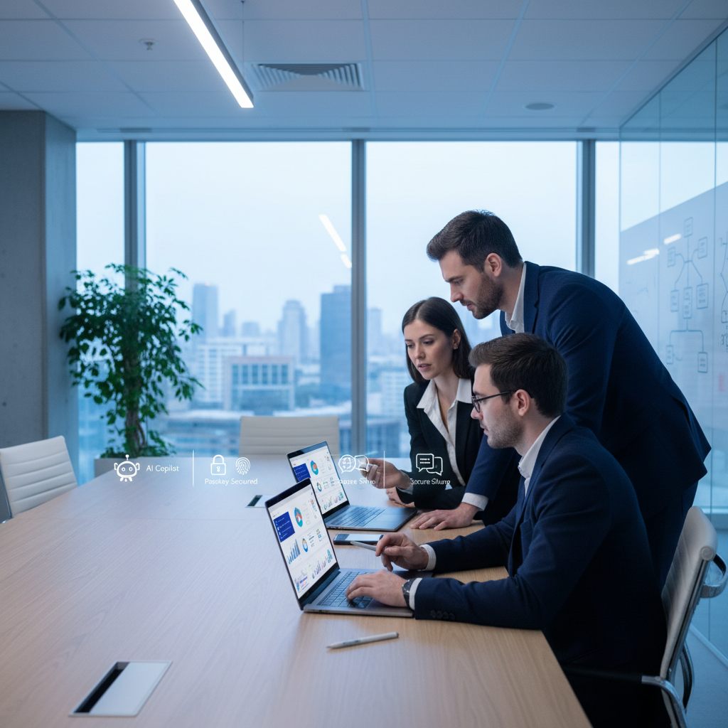 Modern office scene showing AI copilots and secure identity tools as top tech innovations
