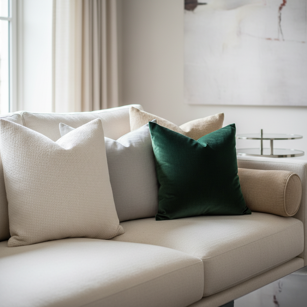 Close-up of designer throw pillows in linen and velvet on a premium sofa