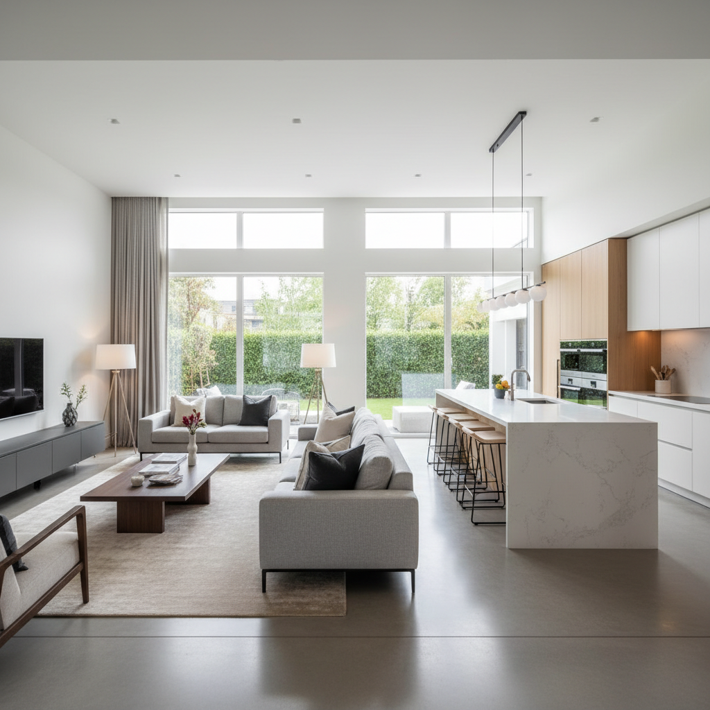 Modern open floor plan living room and kitchen flow