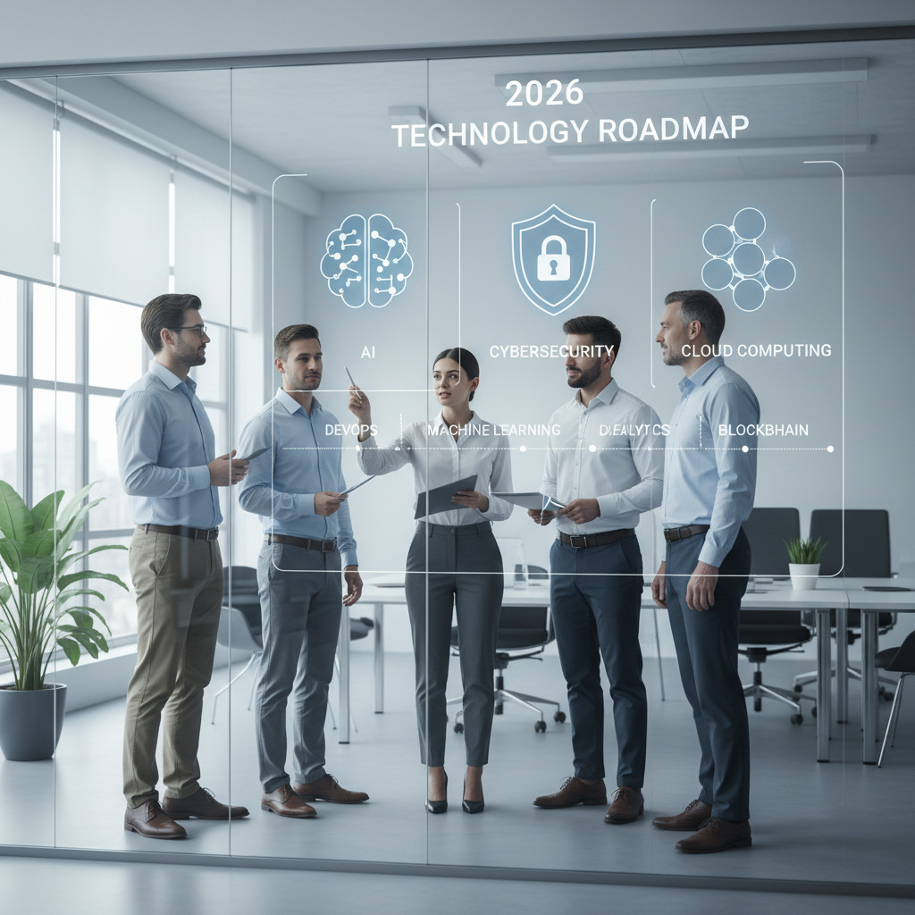 US business team reviewing tech updates roadmap in a modern office