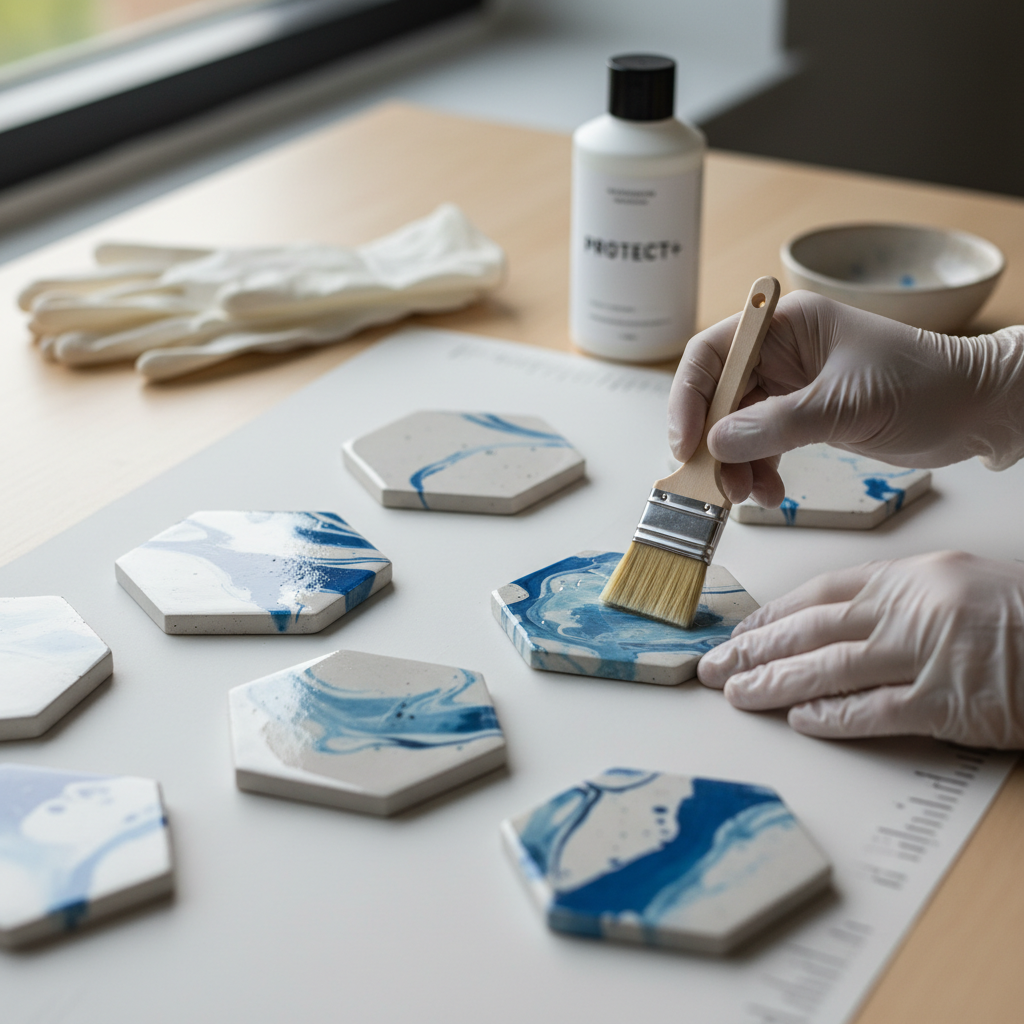 Hands sealing DIY coasters with a brush in a well-lit workspace