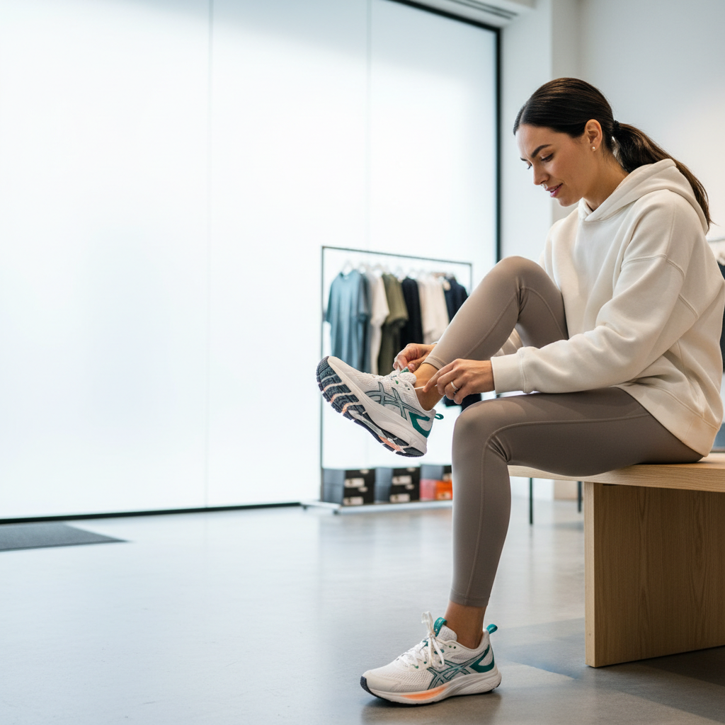 Woman doing a sneaker fit check, testing toe room and heel lock lacing