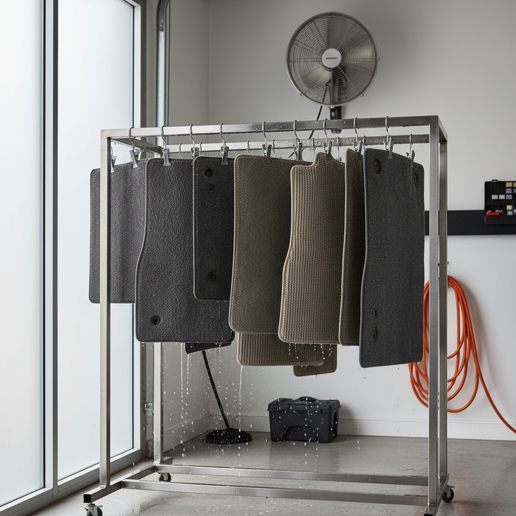 Carpet floor mats air drying on a rack in a well-ventilated garage