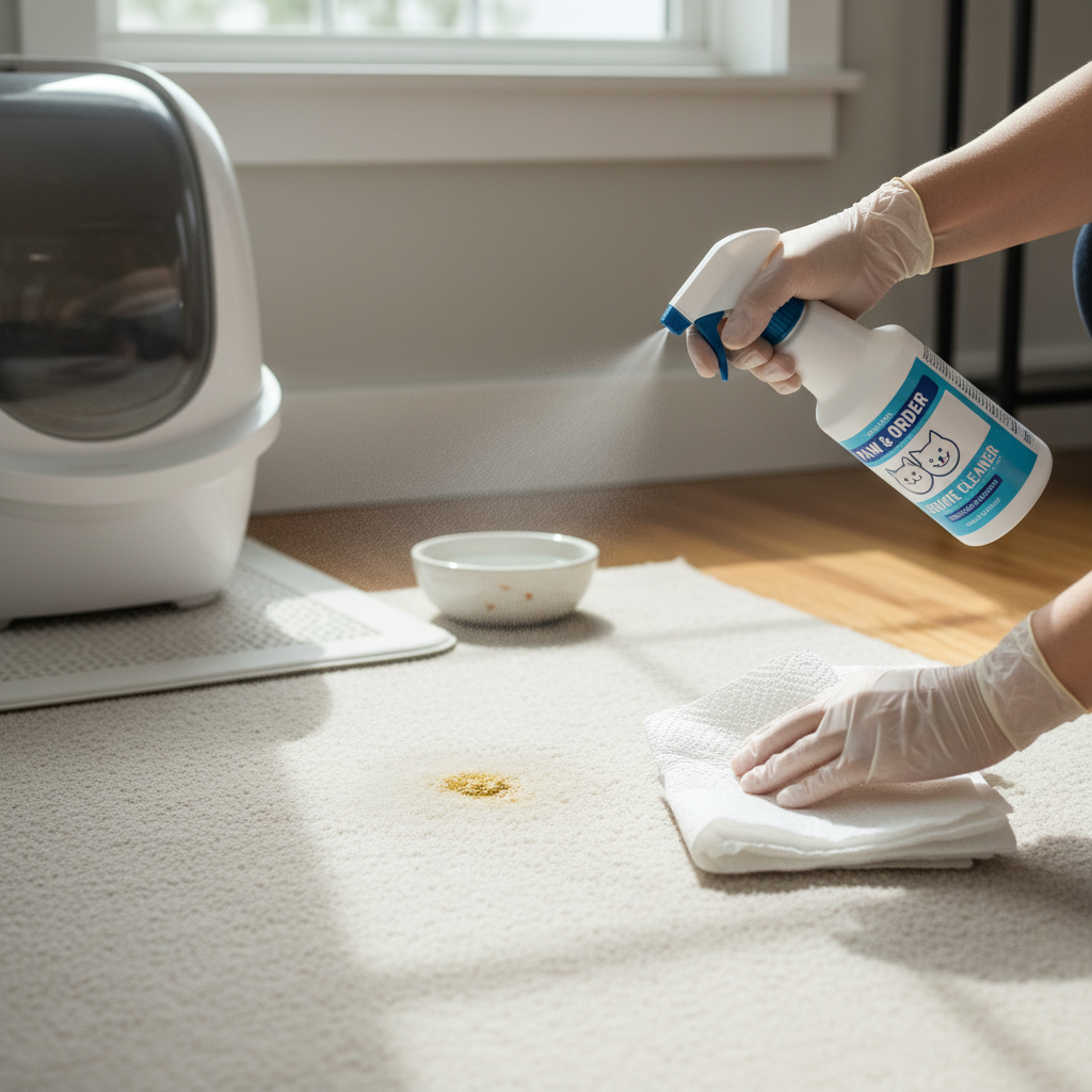 Enzymatic cleaner being used on pet urine stain near carpet